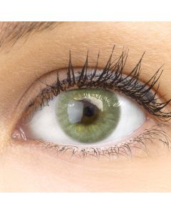 Nahaufnahme der Jasmine Green Kontaktlinsen, 14mm – weiche, natürliche und stark deckende Silikon-Hydrogel-Linsen für einen intensiven grünen Augenlook.