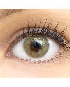 Nahaufnahme der Jasmine Light Green Kontaktlinsen, 14mm, in der Verpackung – weiche, natürliche und stark deckende Silikon-Hydrogel-Linsen für einen intensiven grünen Augenlook.